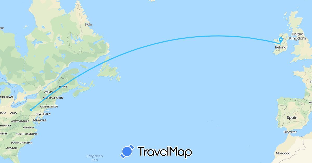TravelMap itinerary: driving, boat in Ireland, United States (Europe, North America)